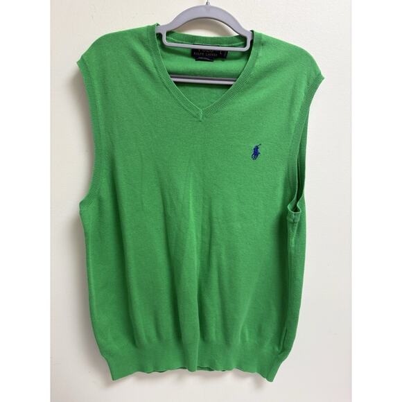 Polo Ralph Lauren Men's L Green Pima Cotton Knit Sweater Vest V-Neck Sleeveless - Picture 1 of 6